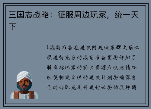 三国志战略：征服周边玩家，统一天下
